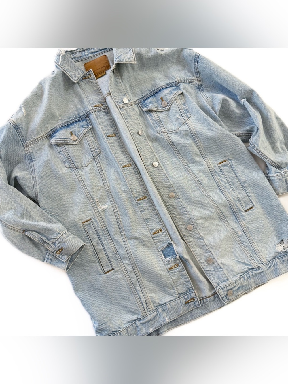 American Eagle Jacket Womens XL Denim Trucker Long Distressed